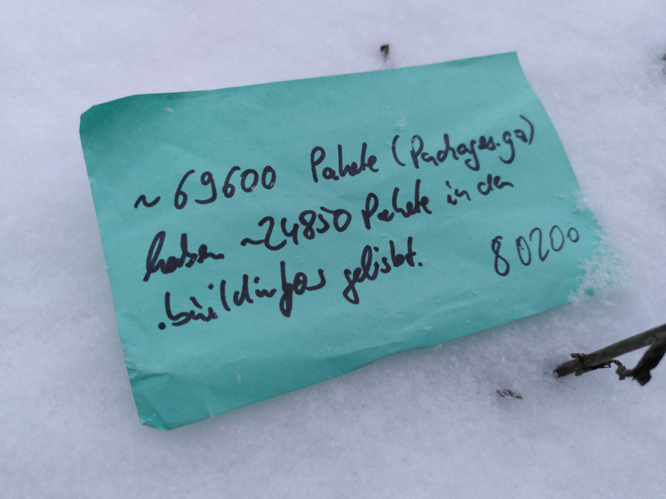 A postit note written by Jan-Benedict Glaw at the summit in Hamburg, confirming Holger Levsen's theory that rebuilding all Debian packages needs a very small subset of packages. The text states that 69200 packages (in sid) list 24850 packages in their .buildinfo files, in 80200 variations.